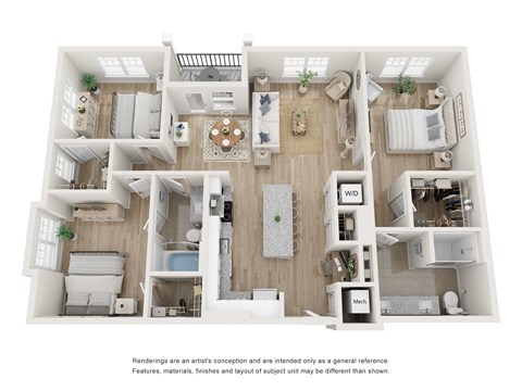 A 3D floor plan of a small apartment with a kitchen, living room, and two bedrooms.